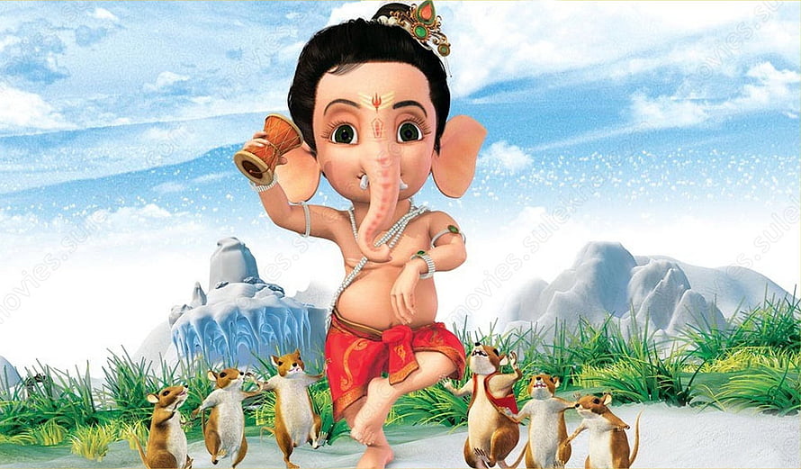 Bal Ganesha Dancing with Mice in a Lush Green Landscape HD wallpaper