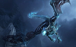 Skeletal Ice Dragon Soaring Through Dark Stormy Skies HD wallpaper