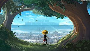 Monkey D Luffy Gazing at a Distant City Through a Tree Arch in One Piece Digital Art HD wallpaper