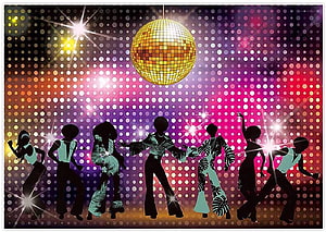 Retro 70s Disco Party Scene With Silhouette Dancers And Glowing Mirror Ball HD wallpaper