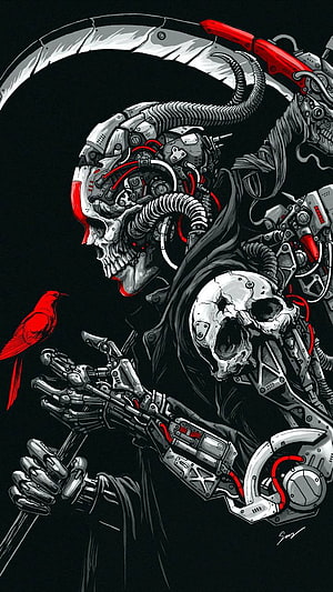 Cyberpunk Grim Reaper with Mechanical Skull and Red Bird HD phone wallpaper