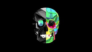 Low Poly Skull Split Design with Monochrome and Vibrant Colorful Facets on Black Background HD wallpaper