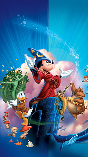 Sorcerer Mickey Mouse and Disney Characters in Fantasia 2000 Magical Sky Scene HD phone wallpaper