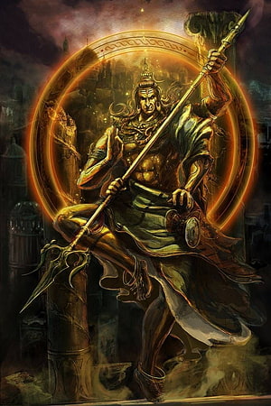 Lord Shiva wielding a trident in a dramatic golden aura with a fierce expression HD phone wallpaper