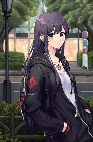 Anime Girl in Black Hoodie Standing on a Tree-Lined City Street HD phone wallpaper
