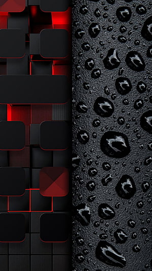 Split Screen Abstract Art Featuring Red Backlit Cubes and Wet Water Droplets on Dark Textured Surface HD phone wallpaper