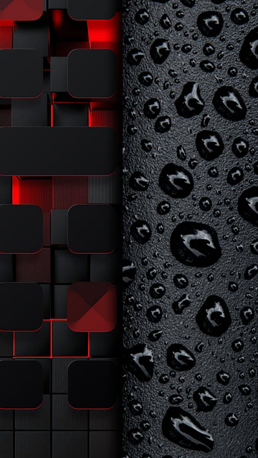 Split Screen Abstract Art Featuring Red Backlit Cubes and Wet Water Droplets on Dark Textured Surface HD phone wallpaper