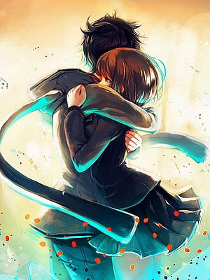 Emotional Anime Illustration of a Boy and Girl Sharing a Tender Embrace HD phone wallpaper