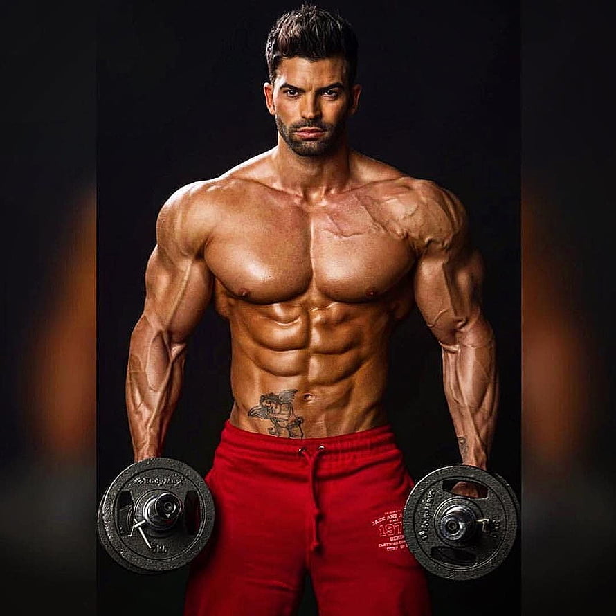Sergi Constance Bodybuilding Portrait with Dumbbells and Red Sweatpants HD phone wallpaper