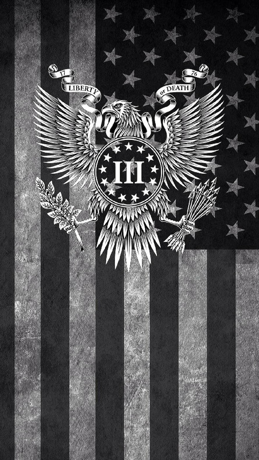 Black and White American Flag with Eagle Emblem and Liberty or Death Motto HD phone wallpaper