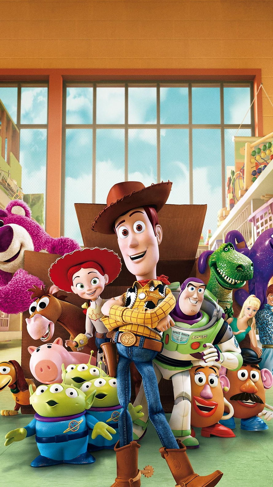 Toy Story 3 ensemble cast gathered in a sunlit classroom with Woody, Buzz Lightyear, and friends HD phone wallpaper