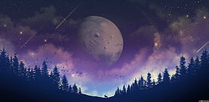 Giant Moon Over Pine Forest Under Purple Galaxy Night Sky HD wallpaper