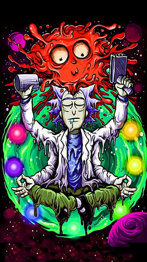 Psychedelic Rick and Morty Artwork Featuring Trippy Cosmic Imagery and Vibrant Splatter Effects HD phone wallpaper