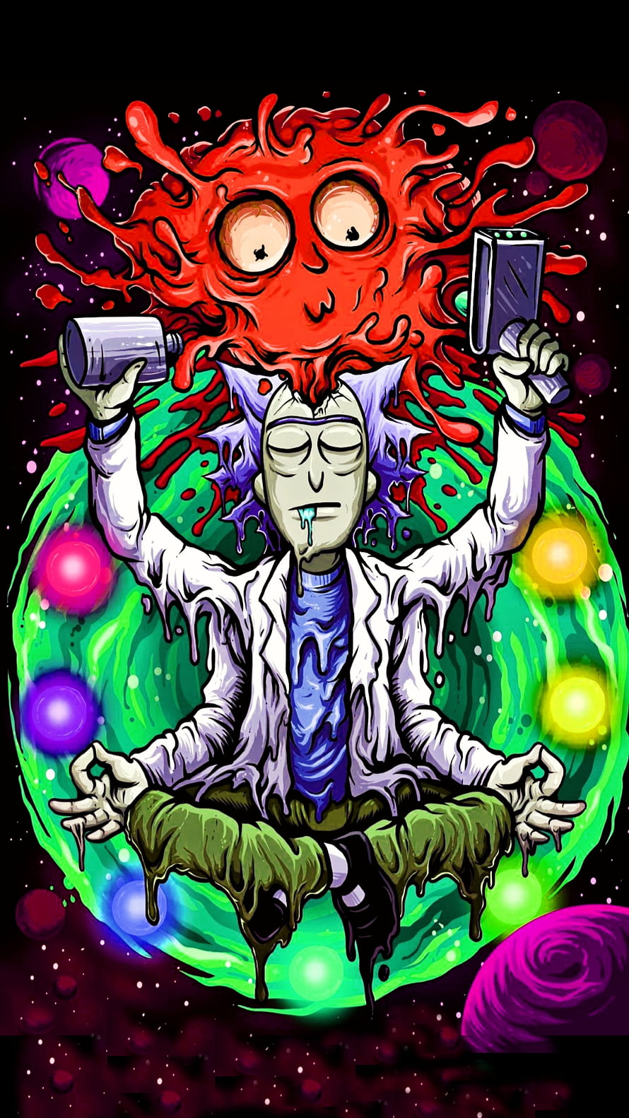 Psychedelic Rick and Morty Artwork Featuring Trippy Cosmic Imagery and Vibrant Splatter Effects HD phone wallpaper