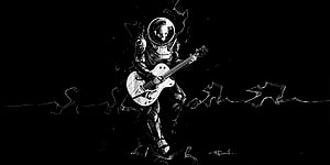 Black and white sketch of a skeleton astronaut playing an electric guitar in space HD wallpaper