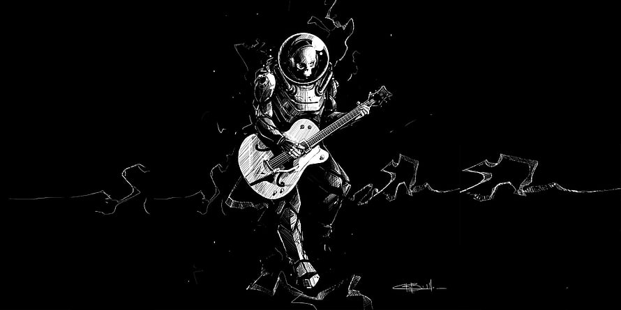 Black and white sketch of a skeleton astronaut playing an electric guitar in space HD wallpaper