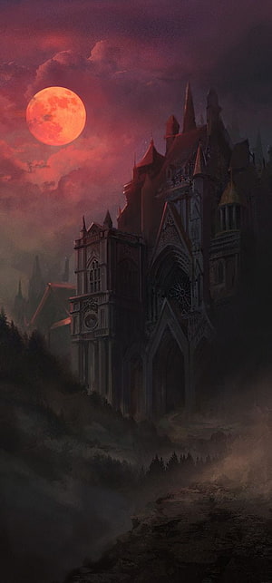 Gothic Castle Under a Blood Moon in Misty Fantasy Landscape HD phone wallpaper