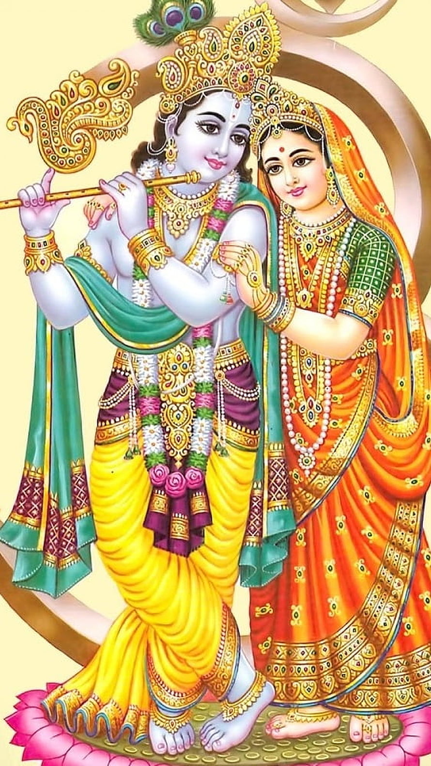 Krishna and Radha Playing Flute in Traditional Indian Art Style HD phone wallpaper