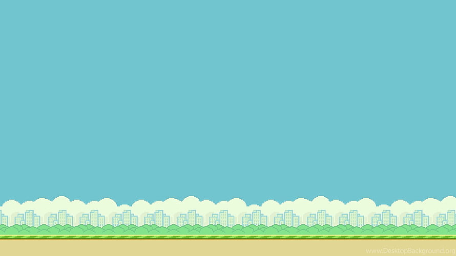 Flappy Bird Style Pixel Art City Skyline Background with Teal Sky and Green Ground HD wallpaper