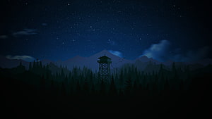Firewatch Night Scene With Watchtower, Pine Forest, and Starry Mountain Sky HD wallpaper