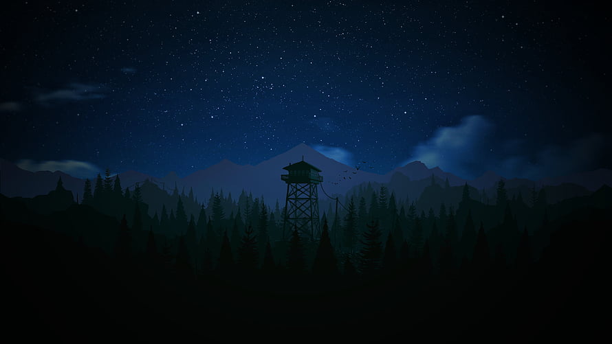 Firewatch Night Scene With Watchtower, Pine Forest, and Starry Mountain Sky HD wallpaper