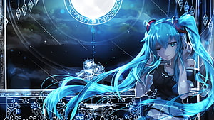Hatsune Miku Anime Illustration Under a Glowing Moon with Ornate Frame and Flowing Blue Hair HD wallpaper