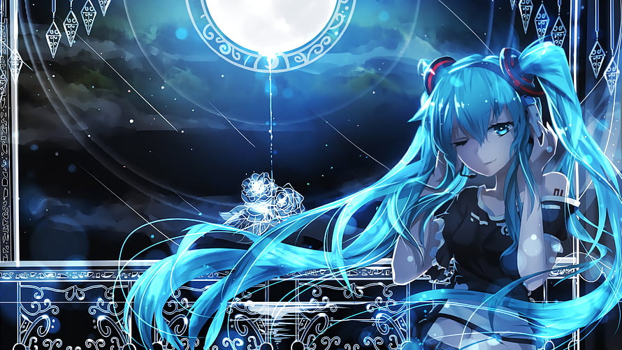 Hatsune Miku Anime Illustration Under a Glowing Moon with Ornate Frame and Flowing Blue Hair HD wallpaper