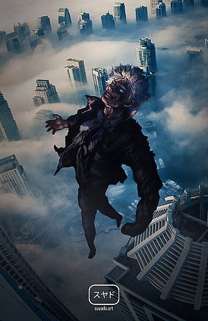 Jujutsu Kaisen Character Leaping Above a Foggy Cityscape in Dark Digital Art HD phone wallpaper