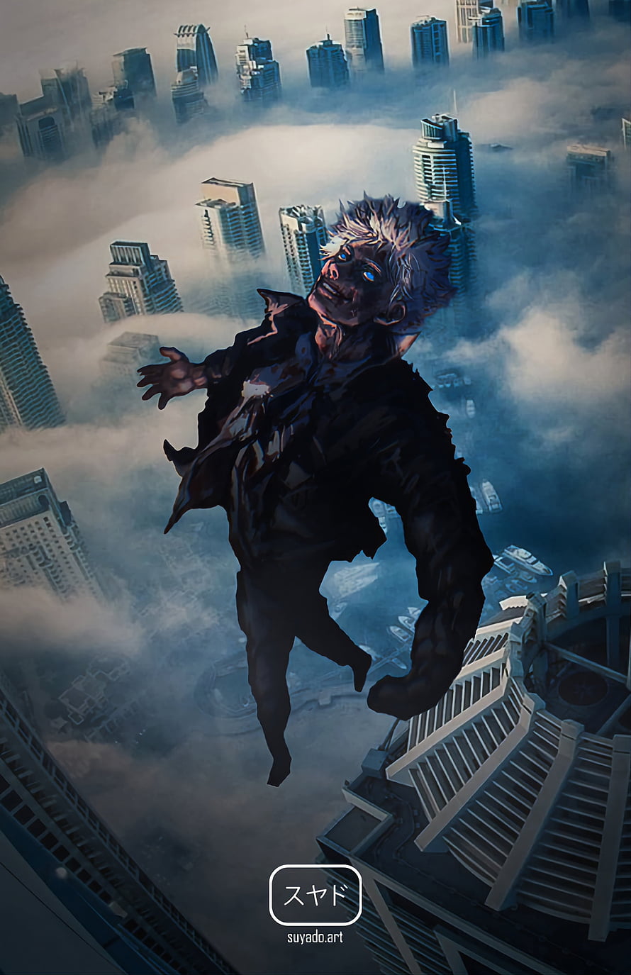 Jujutsu Kaisen Character Leaping Above a Foggy Cityscape in Dark Digital Art HD phone wallpaper