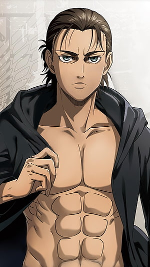 Eren Yeager from Attack on Titan in a dramatic anime portrait with a black coat HD phone wallpaper