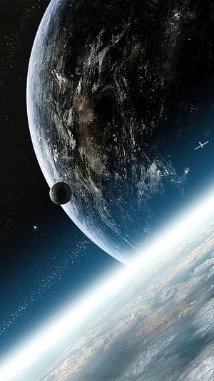 Earth and Moon Viewed from Deep Space with Atmospheric Glow and Satellite HD phone wallpaper