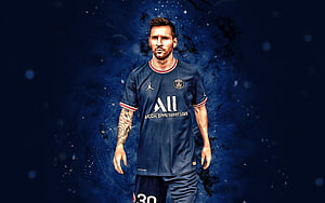 Lionel Messi in Paris Saint-Germain Kit Against Dark Blue Abstract Background HD wallpaper