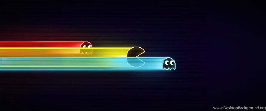 Retro Pixel Art Ghosts and Pac-Man on Glowing Rainbow Trails Against a Dark Background HD wallpaper