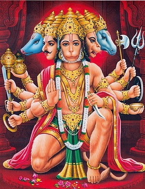 Panchamukhi Hanuman Five-Faced Deity Illustration with Traditional Weapons and Ornate Jewelry HD phone wallpaper