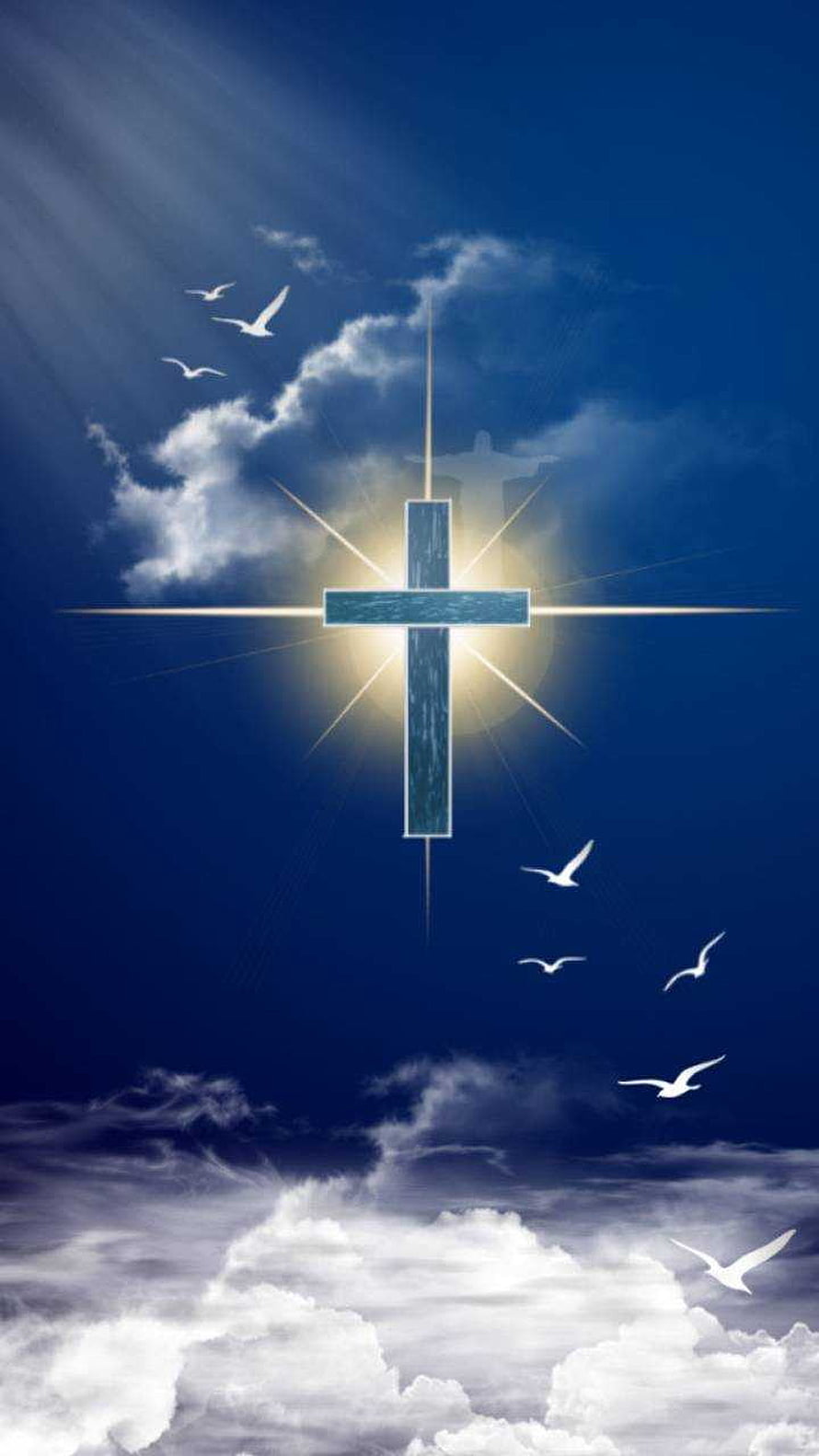 Glowing Christian Cross in Blue Sky with Doves and Clouds HD phone wallpaper