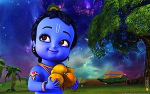 Cute 3D Baby Krishna Holding Fruits Under a Starry Night Sky HD wallpaper