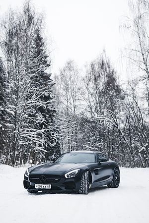 Matte Black Mercedes-AMG GT Coupe Parked on a Snowy Forest Road in Winter HD phone wallpaper