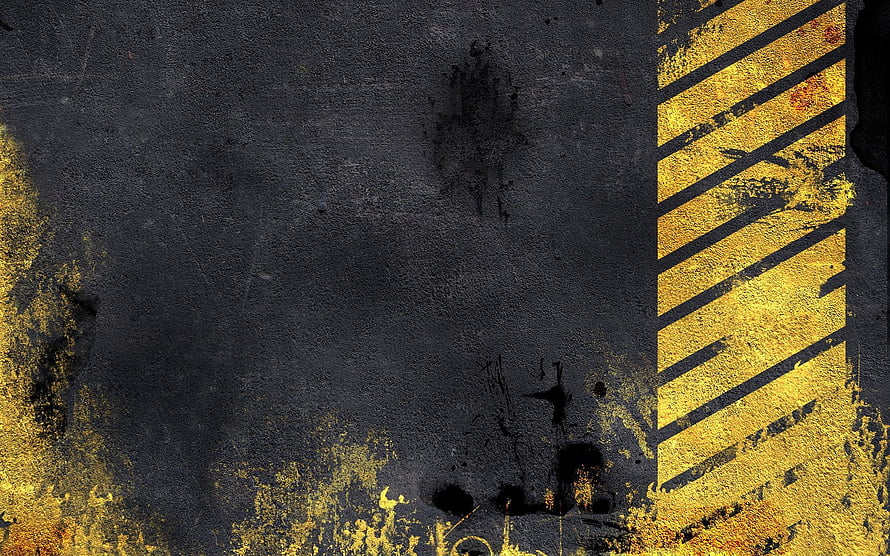 Dark Grunge Asphalt Texture with Yellow Hazard Stripes and Rusty Stains HD wallpaper