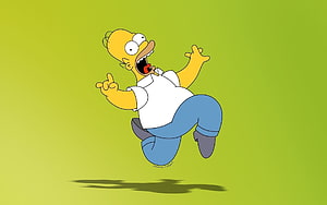 Homer Simpson Leaping Joyfully Against a Vibrant Green Background HD wallpaper