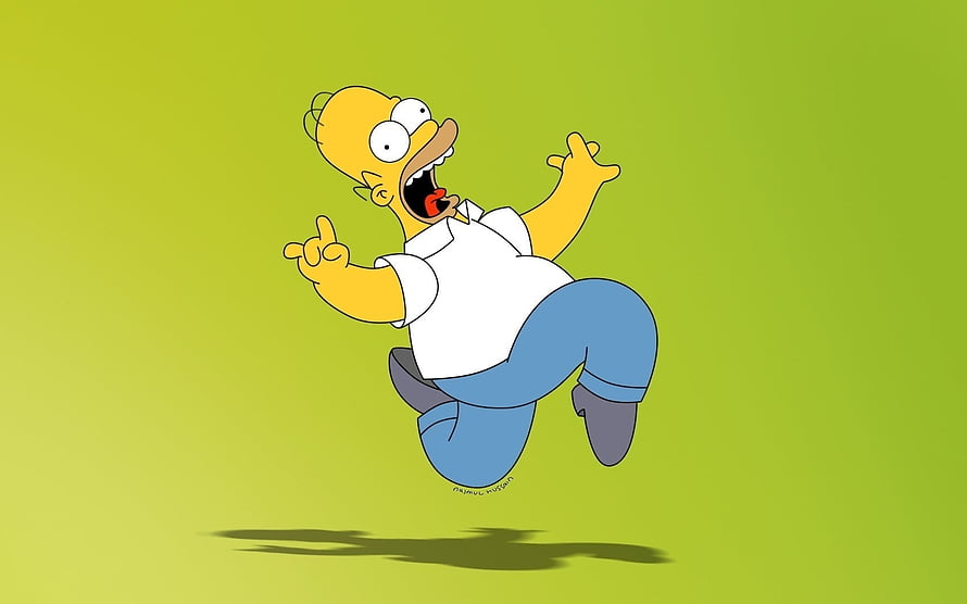 Homer Simpson Leaping Joyfully Against a Vibrant Green Background HD wallpaper