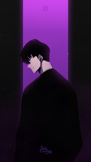 Sung Jin Woo from Solo Leveling in a moody purple and black anime portrait HD phone wallpaper