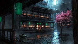 Rainy Night Japanese Courtyard with Cherry Blossom Tree and Green Lanterns HD wallpaper