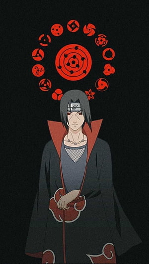 Itachi Uchiha in Akatsuki Robe with Sharingan Symbols on Black Background HD phone wallpaper