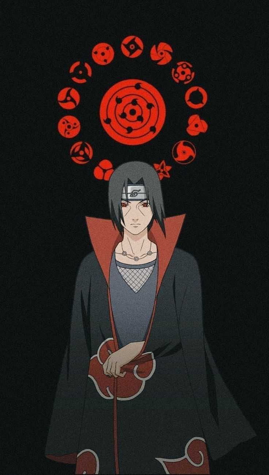 Itachi Uchiha in Akatsuki Robe with Sharingan Symbols on Black Background HD phone wallpaper