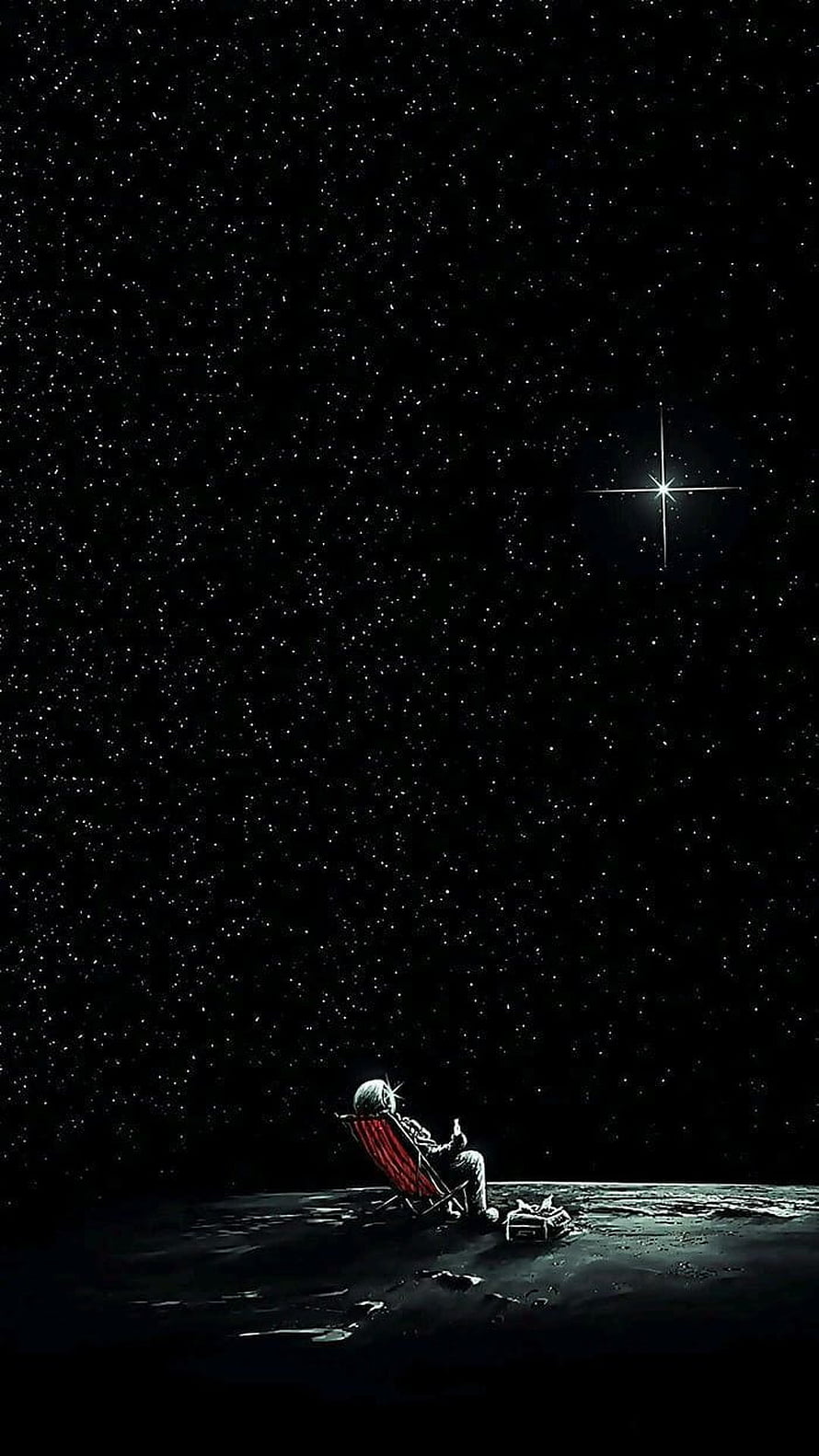Astronaut Relaxing in a Red Chair on a Lunar Surface Under a Starry Night Sky HD phone wallpaper