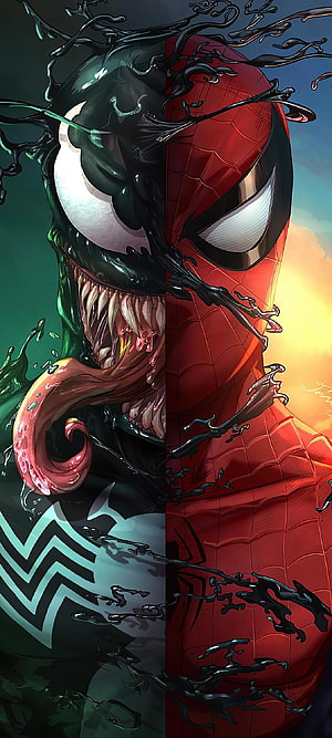 Spider-Man and Venom Split Face Digital Art with Symbiote Tendrils, Spidermqn, eye, head, venom, spiderman HD phone wallpaper