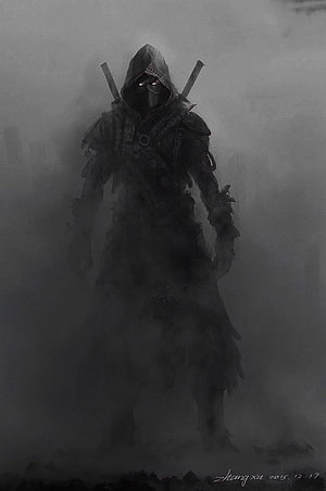 Dark Hooded Warrior Concept Art with Glowing Eyes and Dual Swords in Misty Fog HD phone wallpaper