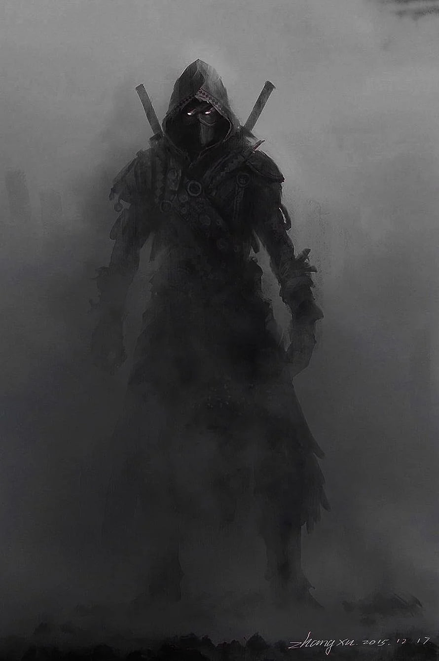 Dark Hooded Warrior Concept Art with Glowing Eyes and Dual Swords in Misty Fog HD phone wallpaper