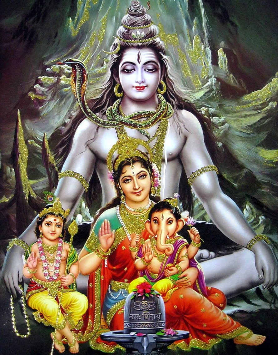 Lord Shiva Family Portrait with Parvati Ganesha and Kartikeya in Divine Setting HD phone wallpaper