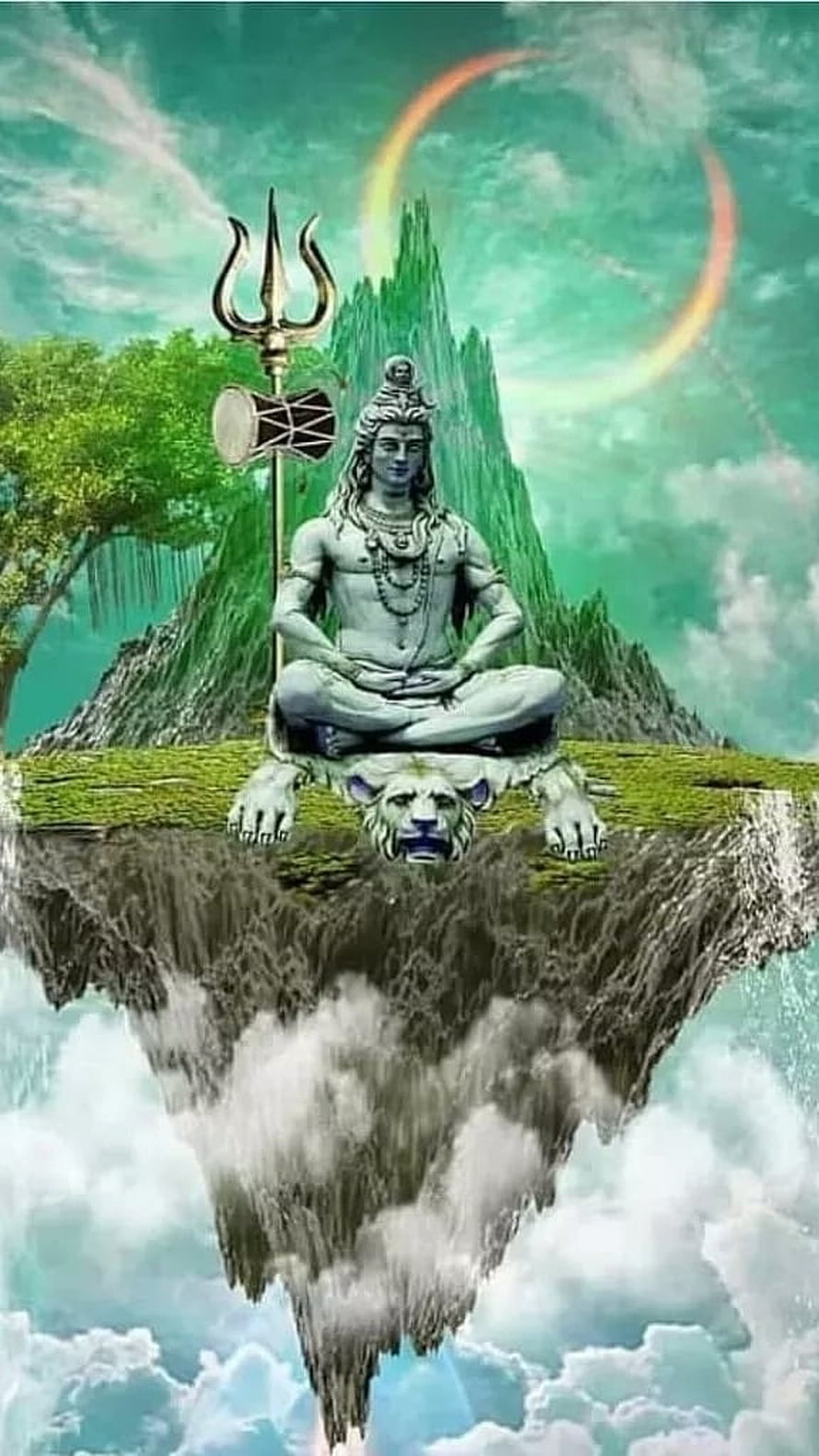 Lord Shiva Meditating on a Floating Island with Tiger and Trishula HD phone wallpaper